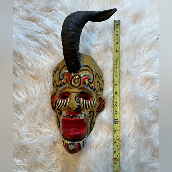 Mexican Guatemala Diablo Devil Dance Mask 1950s Vintage Carved Wood & Ram Horn - Picture 1 of 7